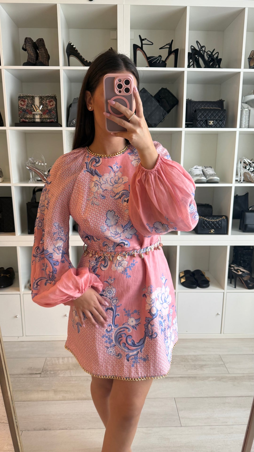 Zimmerman Pink and Blue Printed Dress with Gold Chain Detail Size 3