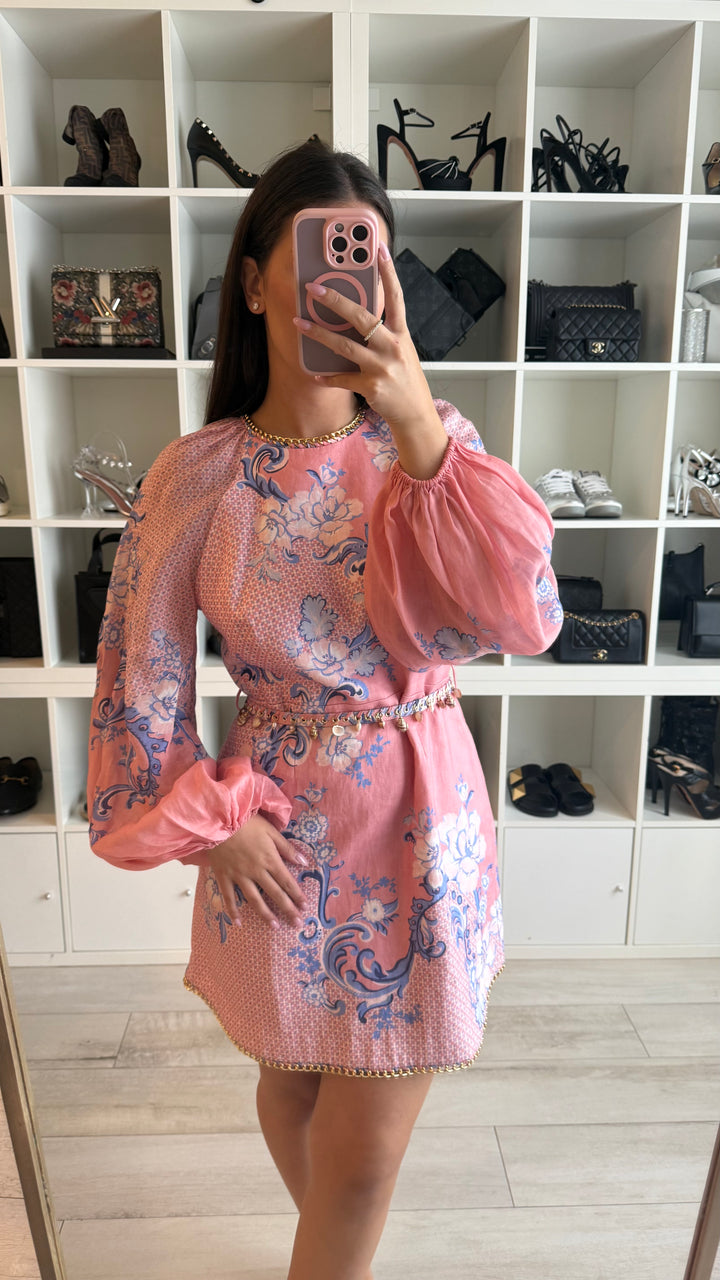 Zimmerman Pink and Blue Printed Dress with Gold Chain Detail Size 3