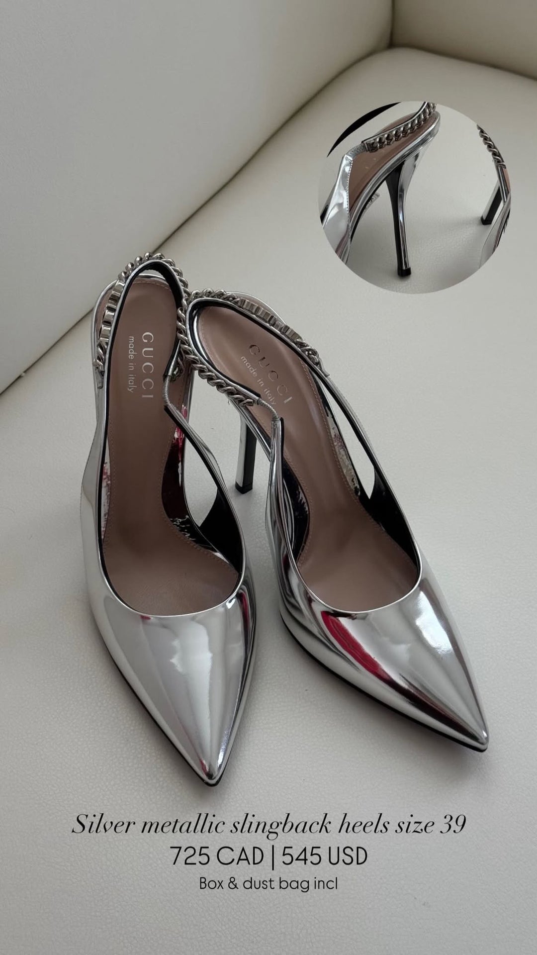 Gucci Silver Pointy Toe Sling Pumps sz 39