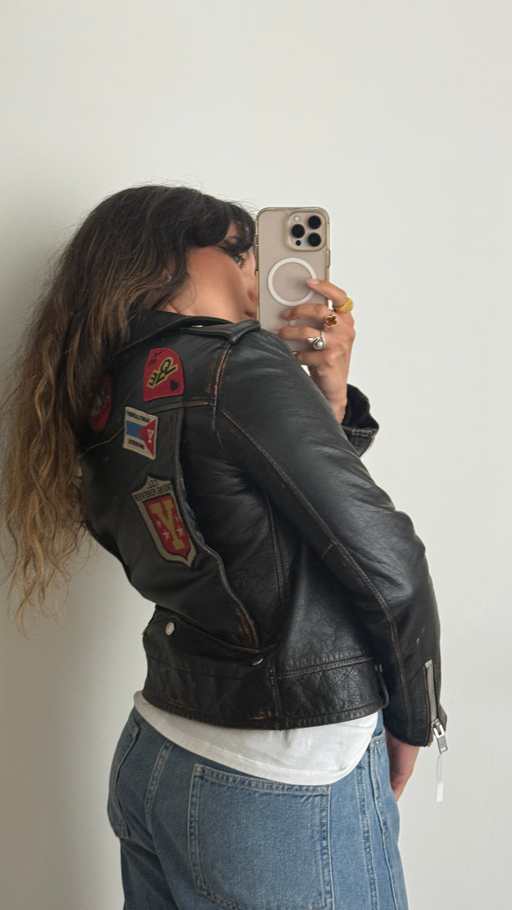 Saint Laurent Black Calf Leather Patched Moto Jacket Size 36