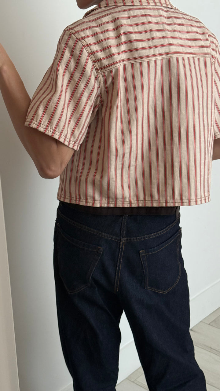 Fendi Cream Denim Red Striped Button Up Shirt Size 40