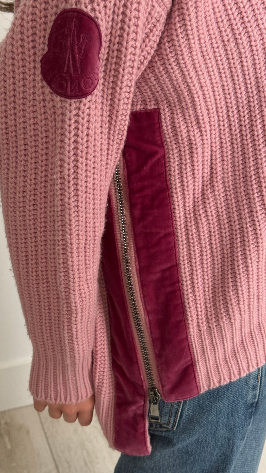 Moncler Pink Wool Cashmere Knit Sweater with Velvet Accents Size 2