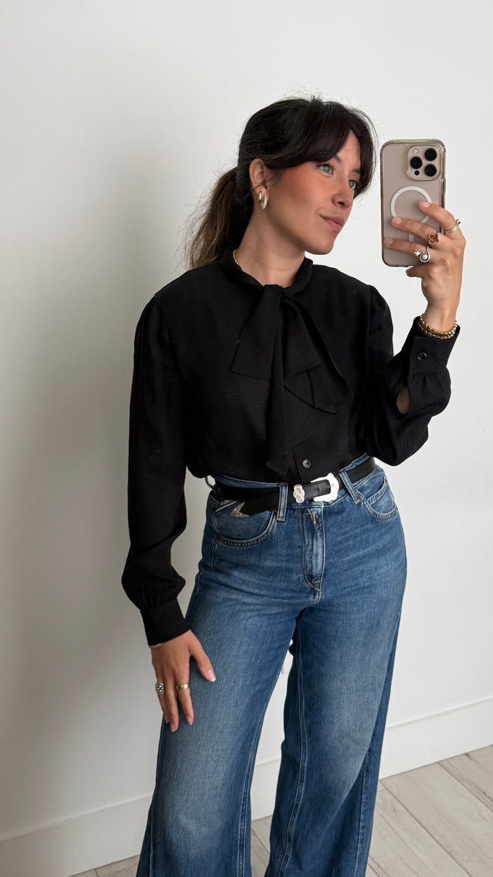 Celine Black Silk Shirt with Logo Print and Necktie Detail Size 38
