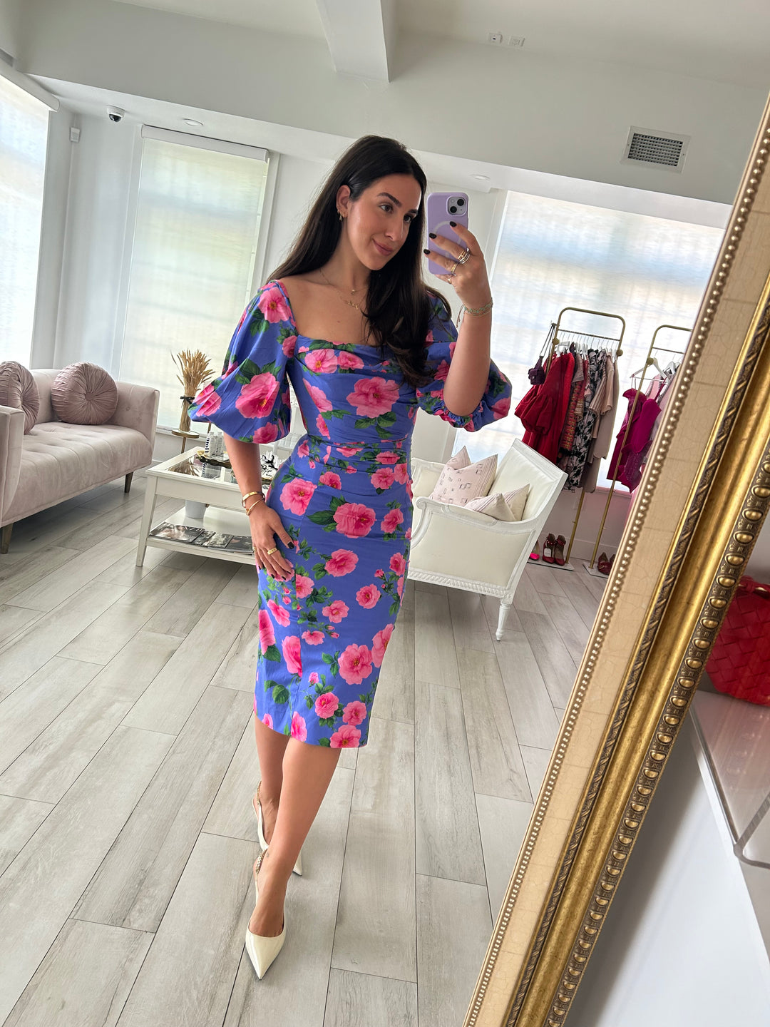 Carolina Herrera Purple & Pink Floral Print Ruched Midi Dress Size 6