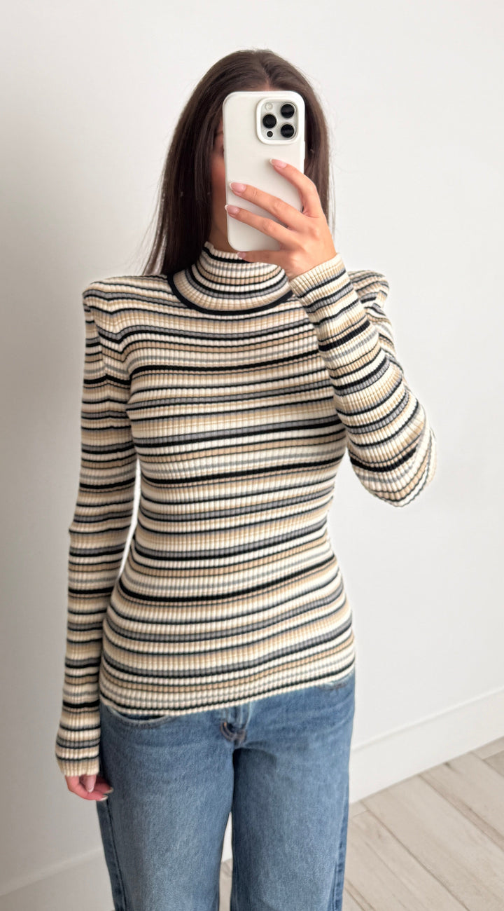 Chloe Multicolour Knit Striped Ribbed Turtleneck Sweater Size S