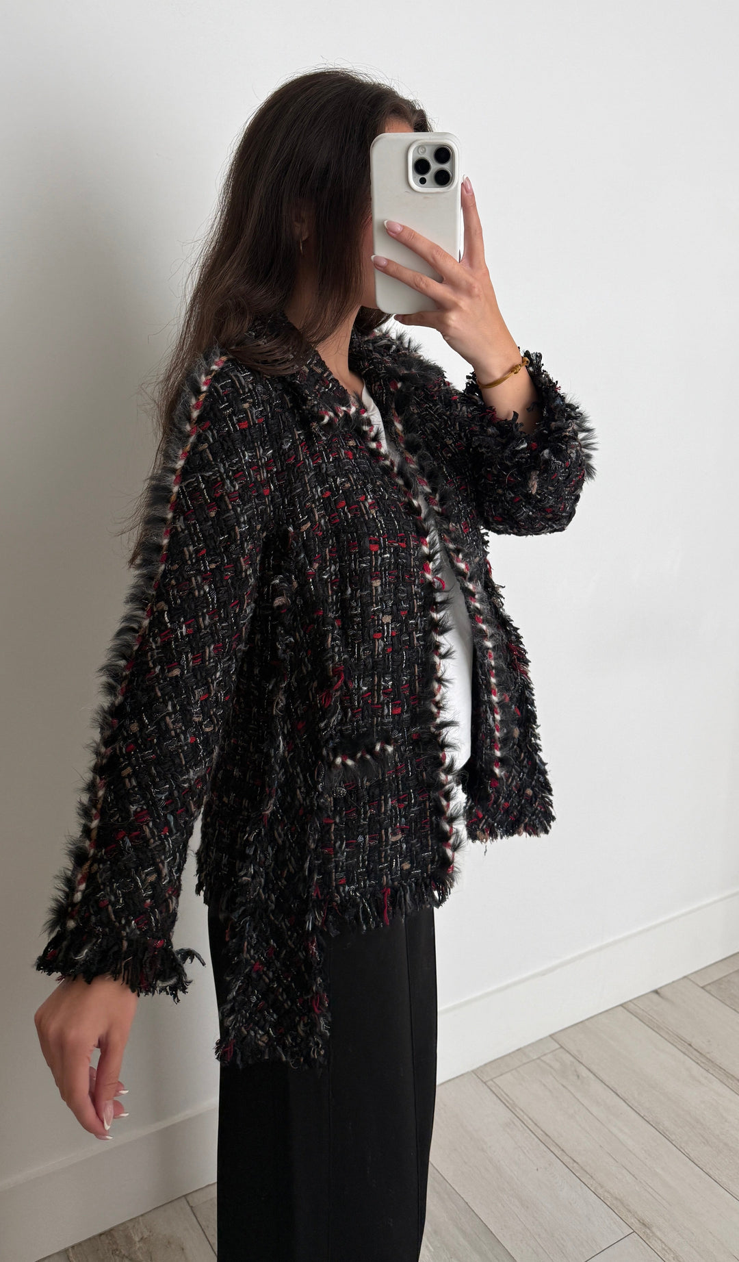 Pre-Loved Chanel™ Black and Red Multicolour Tweed Jacket with Tie Detail and Fringe Size 40