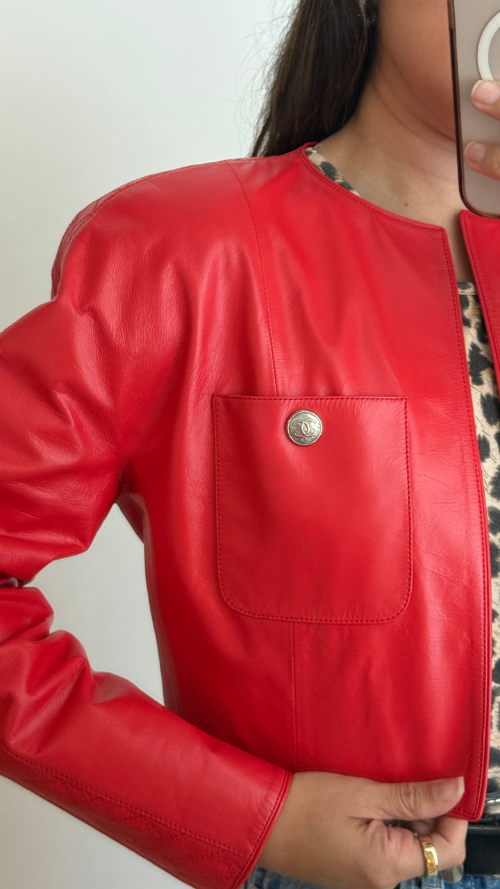 Pre-Loved Chanel™ Red Leather Cropped Jacket with Quilting Detail Size 36
