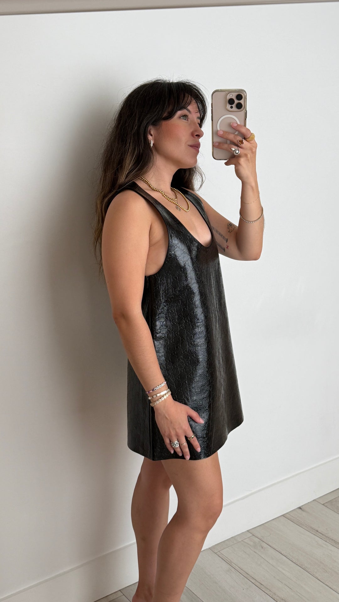 Gucci Black Shiny Mini Dress with Embossed GG Monogram Size 40