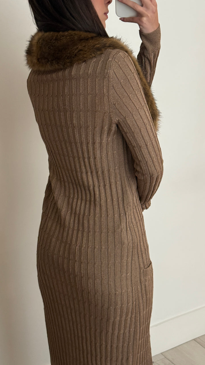 Saint Laurent Biege Knit Faux Fur-Trimmed Cardigan Dress Size L