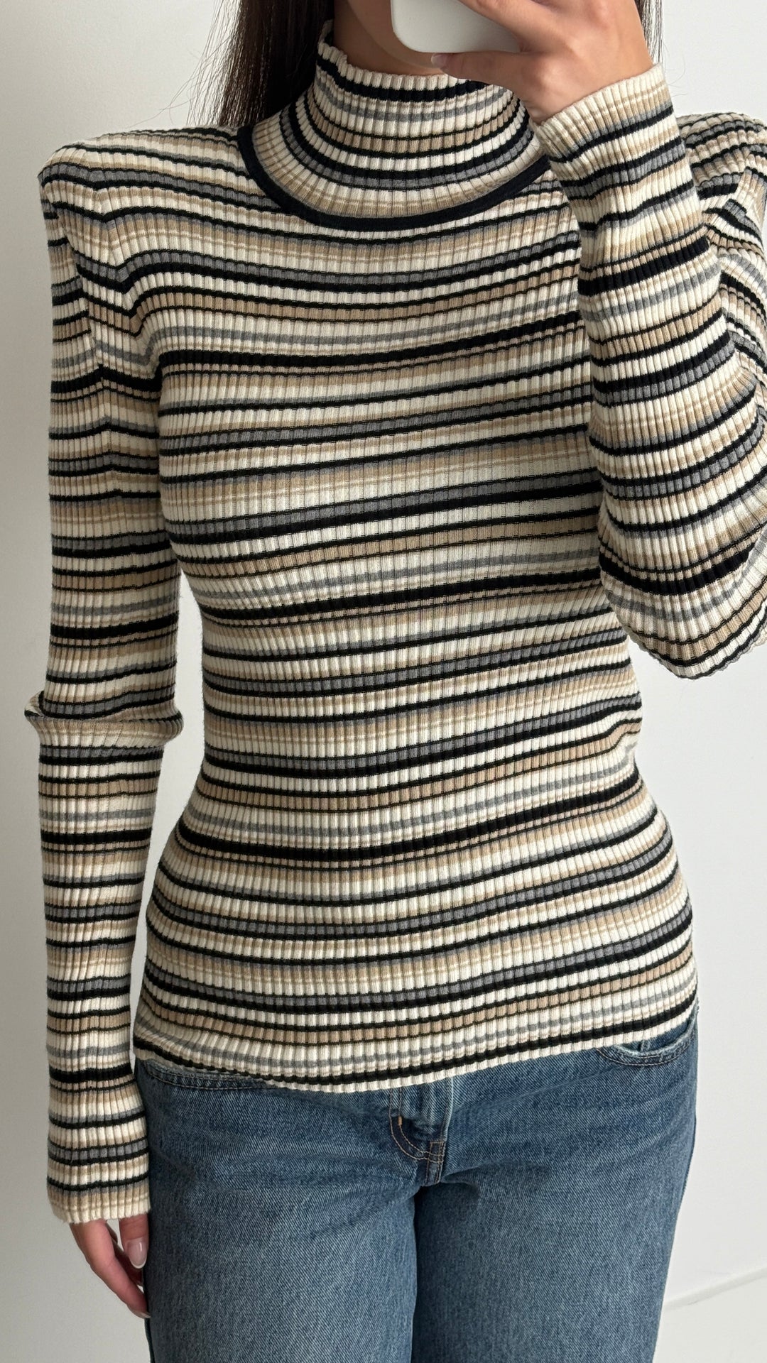 Chloe Multicolour Knit Striped Ribbed Turtleneck Sweater Size S