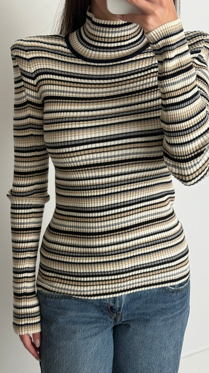 Chloe Multicolour Knit Striped Ribbed Turtleneck Sweater Size S