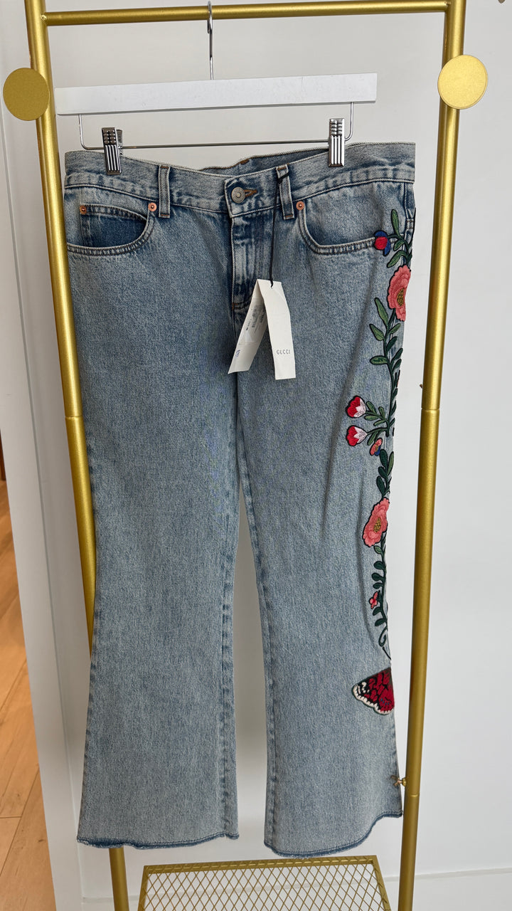 Gucci Light Wash Bootcut Jeans with Floral Patches Size 27