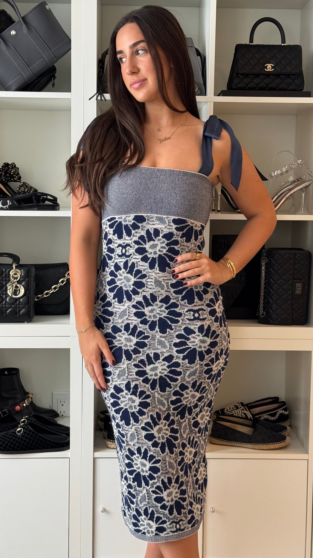 Pre-Loved Chanel™ Blue & White Knit Floral Midi Dress Size 36