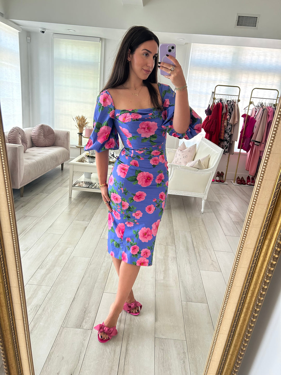 Carolina Herrera Purple & Pink Floral Print Ruched Midi Dress Size 6