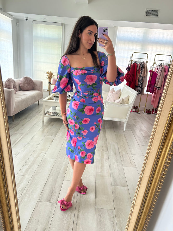 Carolina Herrera Purple & Pink Floral Print Ruched Midi Dress Size 6