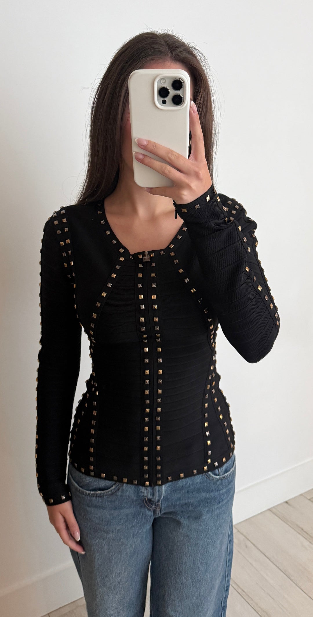 Herve Léger Black Rayon Studded Bandage Sweater Size S