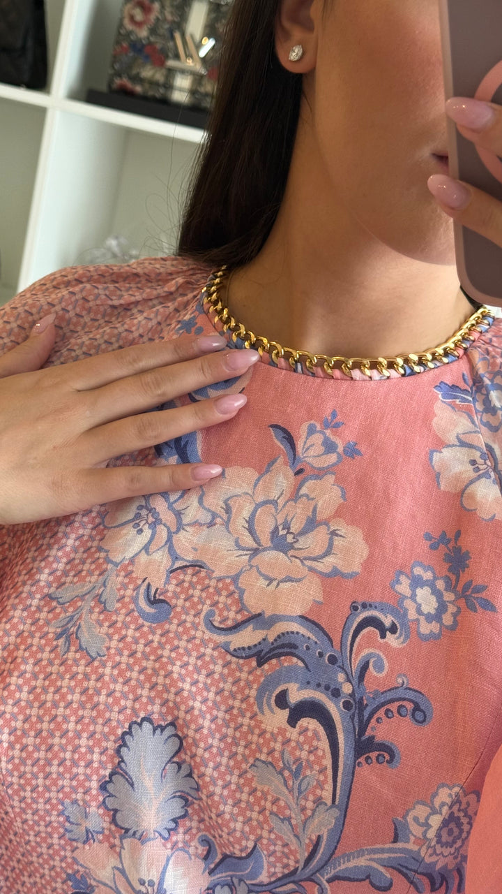 Zimmerman Pink and Blue Printed Dress with Gold Chain Detail Size 3