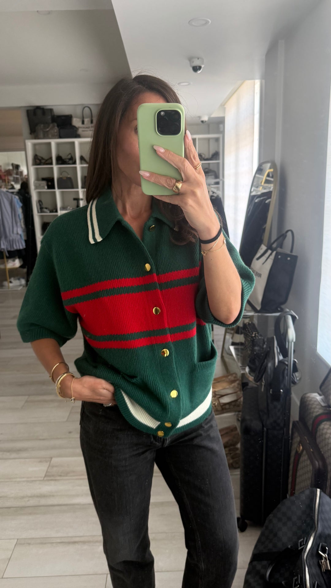 Gucci Green & Red Wool/Cashmere Knit Short Sleeve Button Up Size M