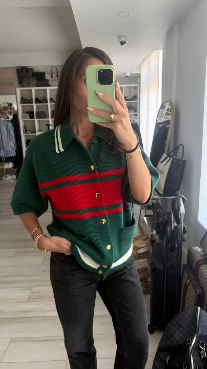 Gucci Green & Red Wool/Cashmere Knit Short Sleeve Button Up Size M