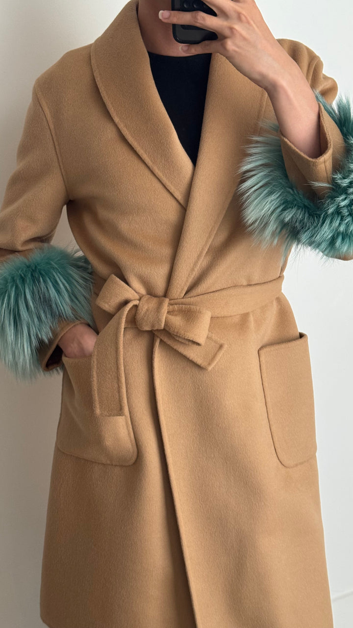 Prada Beige Virgin Wool & Angora Wrap Coat with Blue Fox Fur Size 36