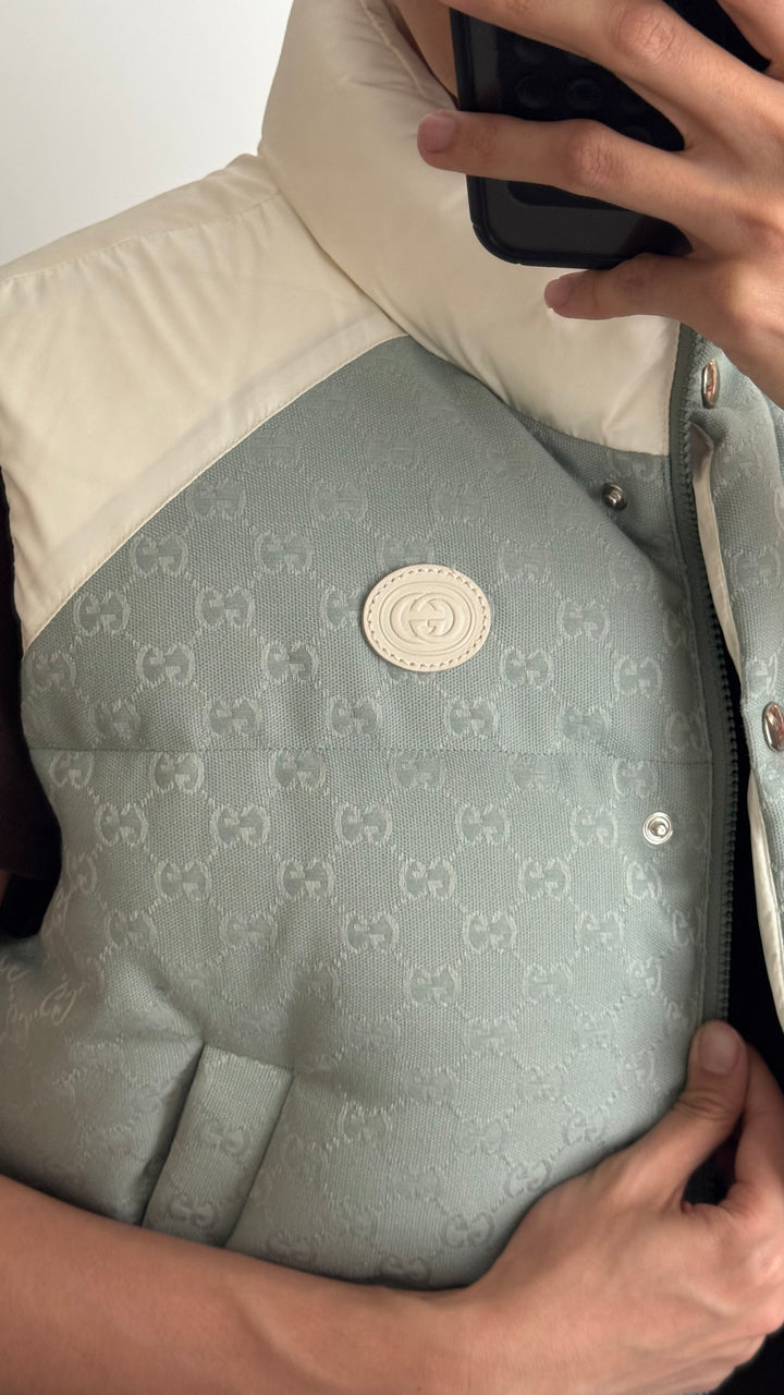 Gucci Light Blue GG & White Puffer Vest Size 38