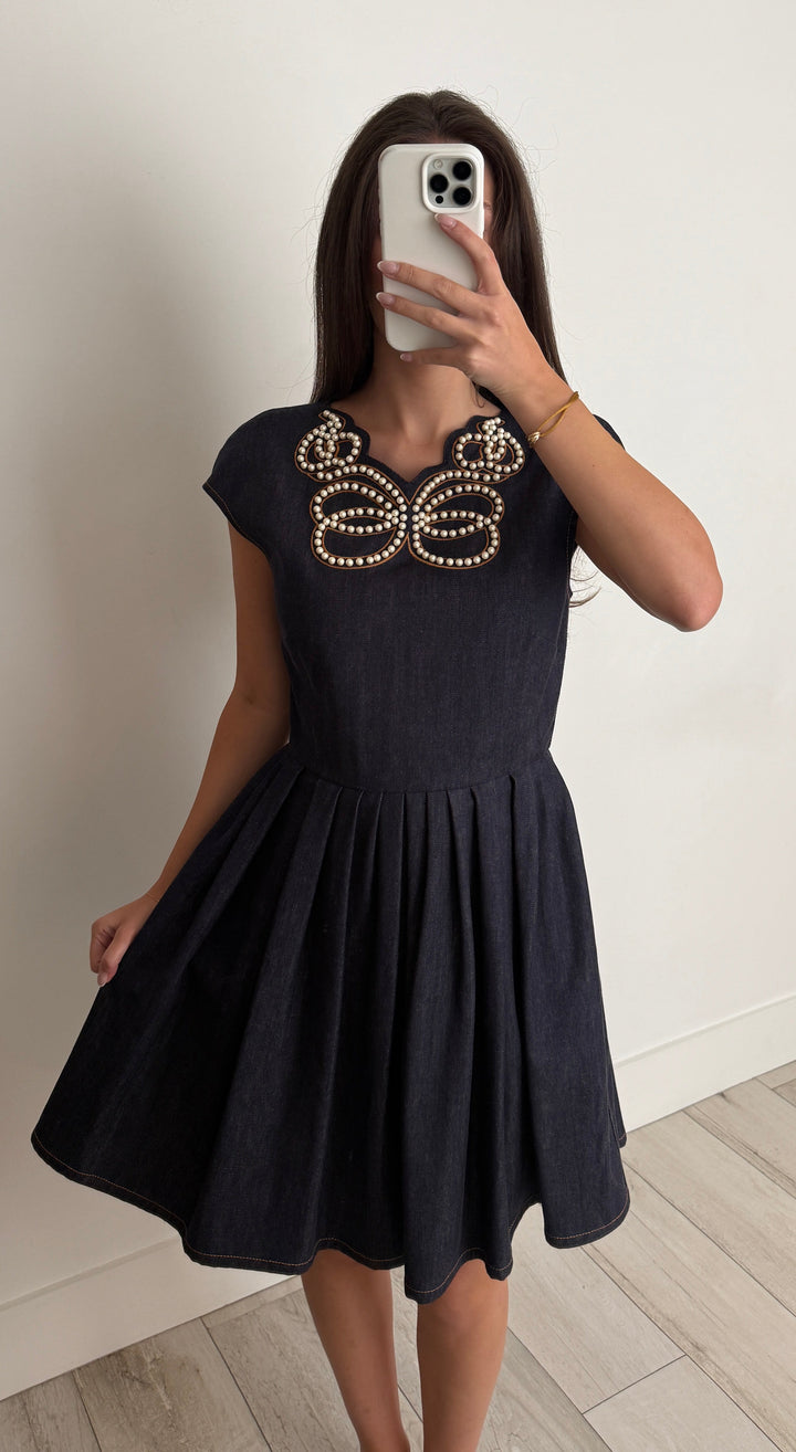 Fendi Blue Denim Faux Pearl Embellished Butterfly Dress Size 42
