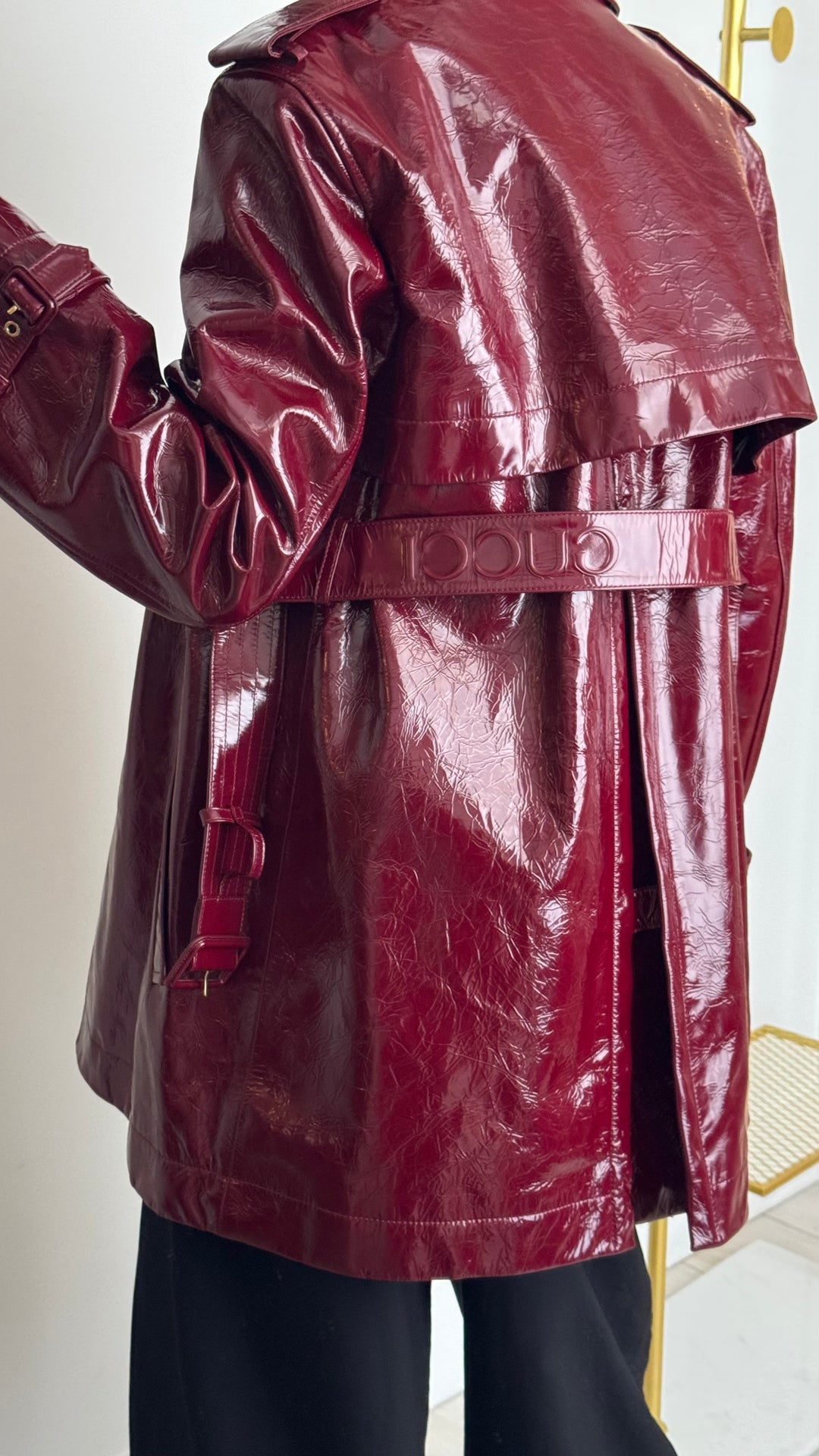 Gucci Burgundy Patent Leather Belted Trench Coat Size 44