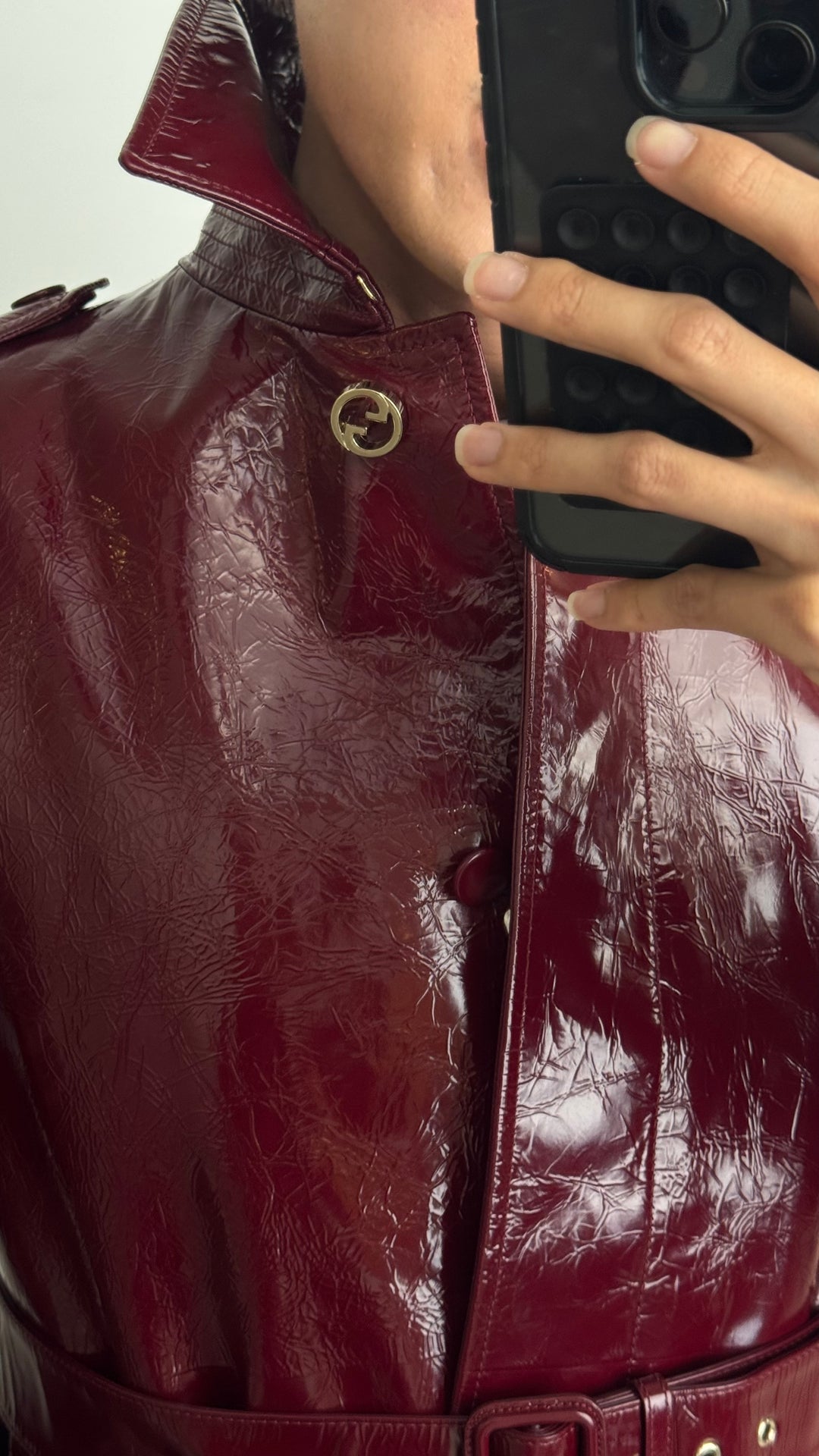 Gucci Burgundy Patent Leather Belted Trench Coat Size 44