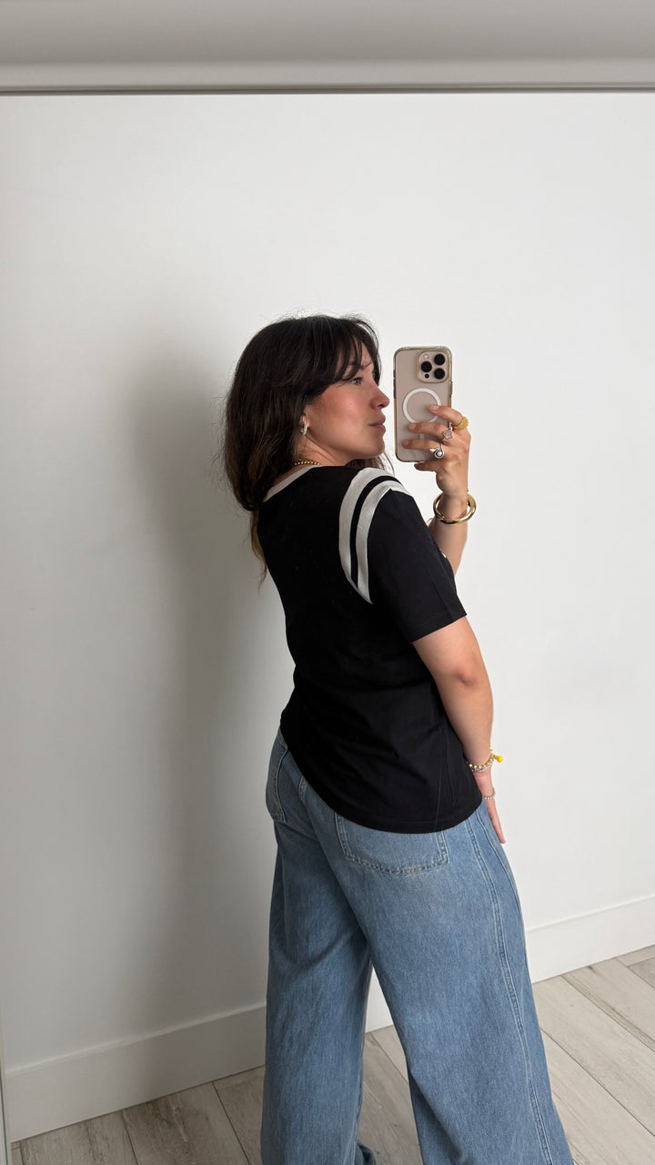 Celine Black Cotton Logo T-shirt with White Trim Size S