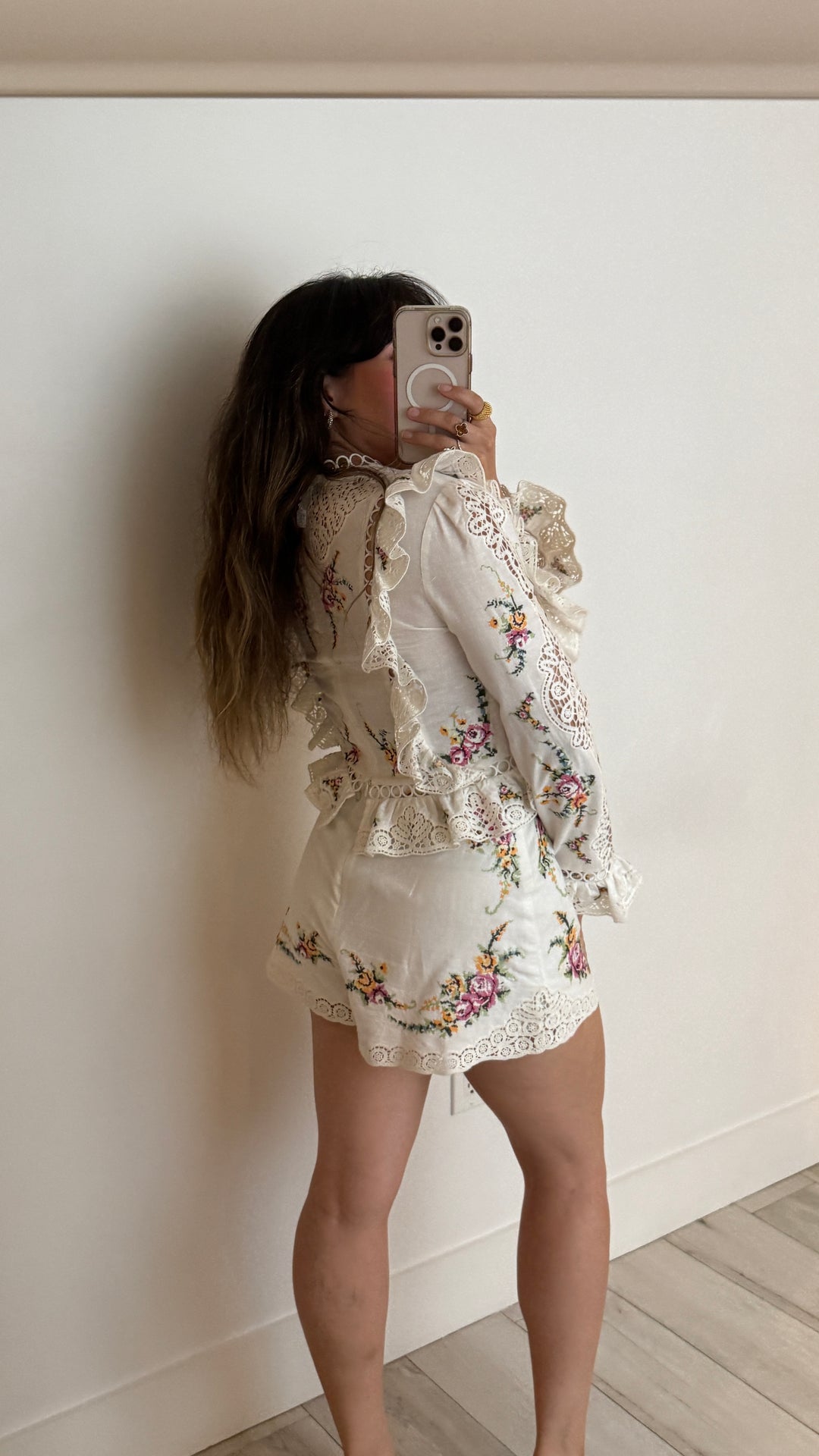 Zimmerman White Linen and Cotton Top & Shorts Set with Frill Trim and Floral Embroidered Details Size 0