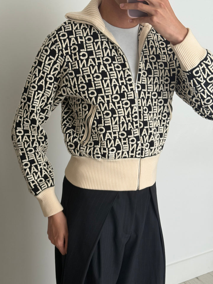 Pre-Loved Chanel™ Black and Cream Logo Lettering Knit Jacket Size 38