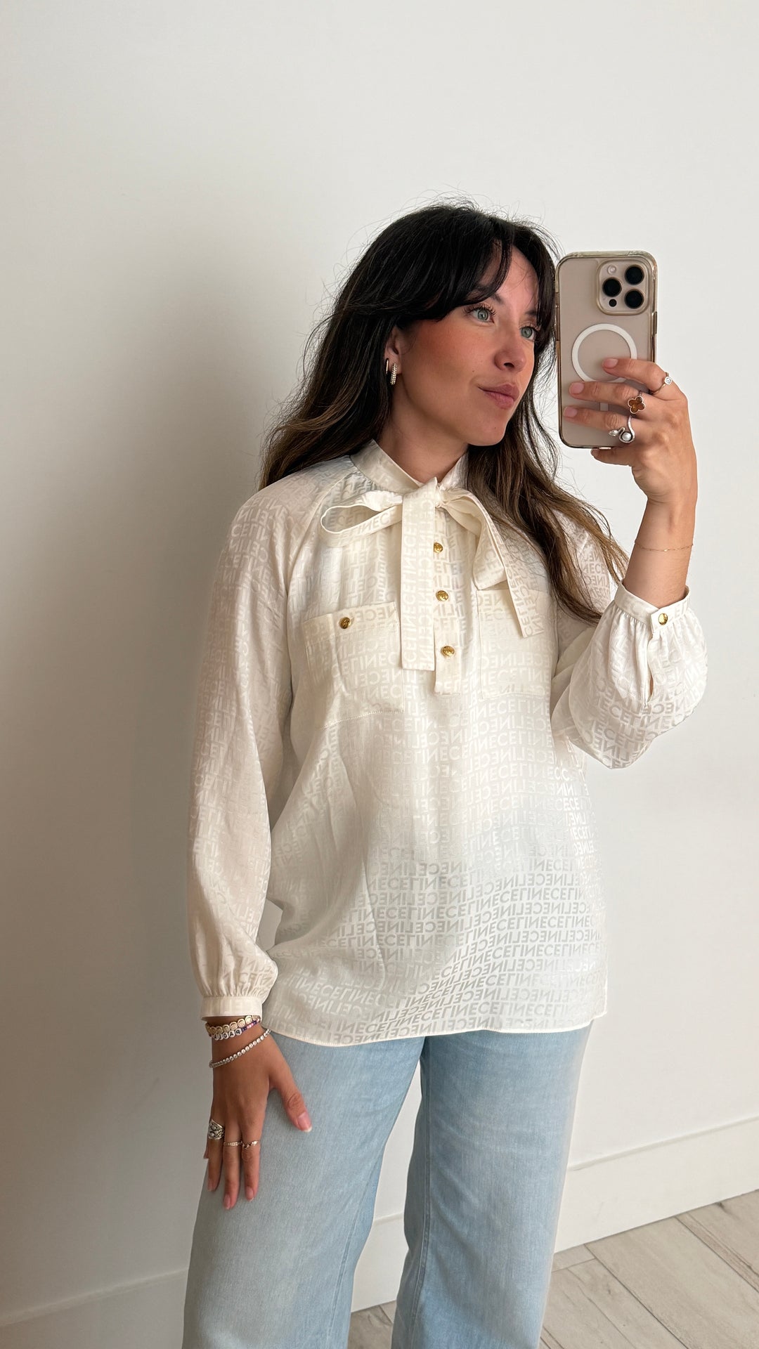 Celine White Monogram Silk Shirt with Gold Buttons and Tie Detail