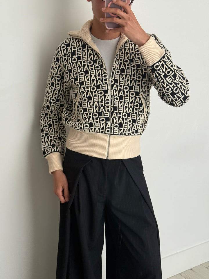 Pre-Loved Chanel™ Black and Cream Logo Lettering Knit Jacket Size 38