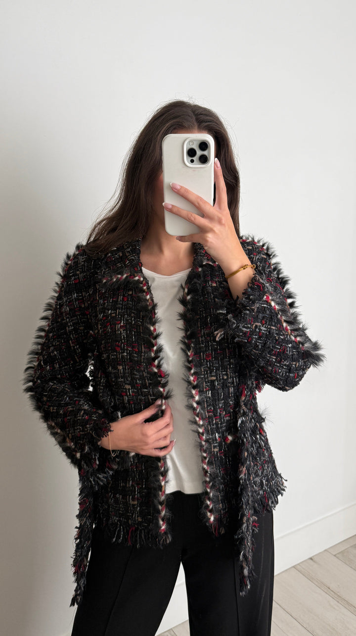 Pre-Loved Chanel™ Black and Red Multicolour Tweed Jacket with Tie Detail and Fringe Size 40