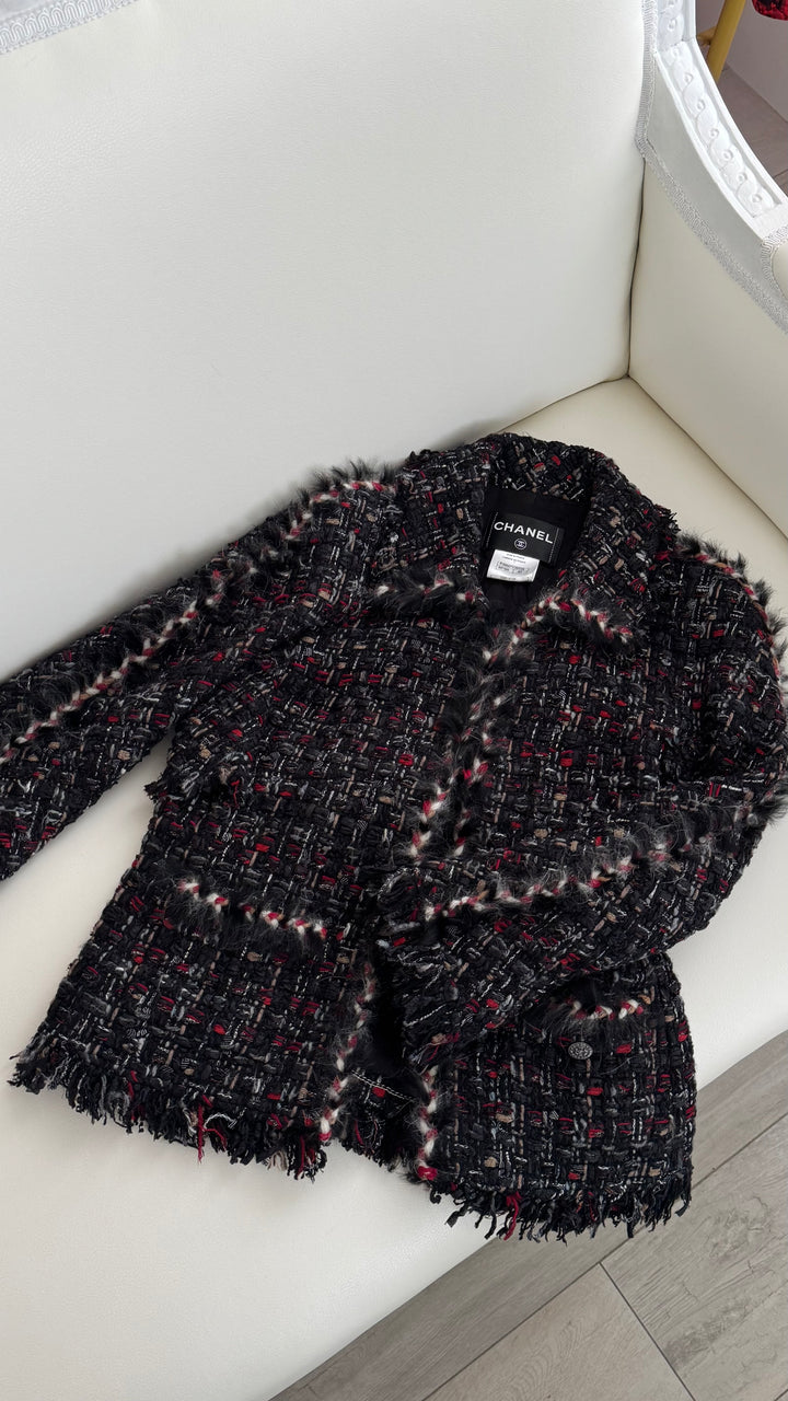 Pre-Loved Chanel™ Black and Red Multicolour Tweed Jacket with Tie Detail and Fringe Size 40