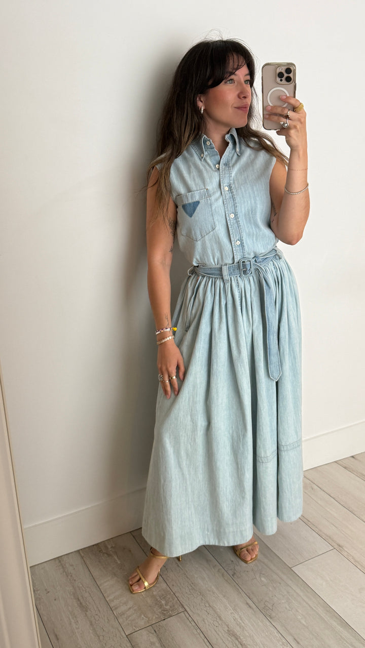Prada Cotton Denim Effect Top and Midi Skirt Set Size 36