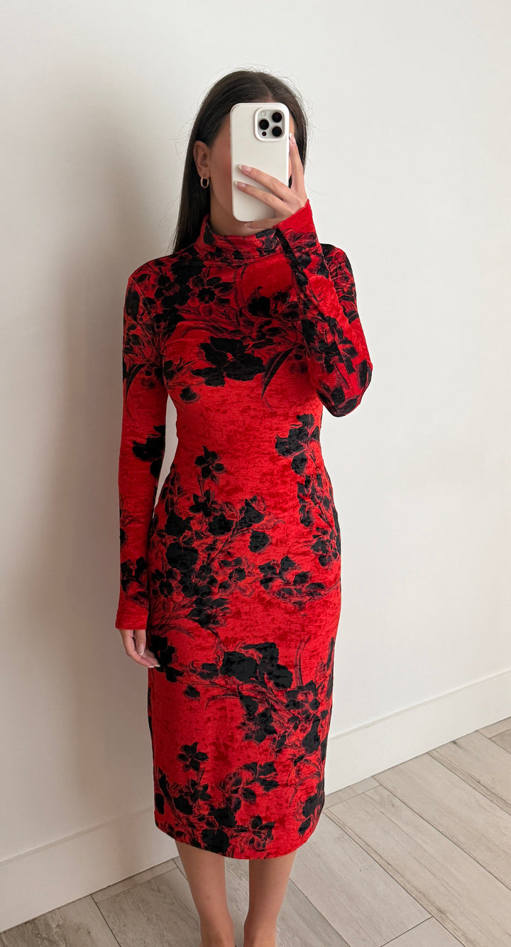 Balenciaga Red & Black Floral Dress Size M