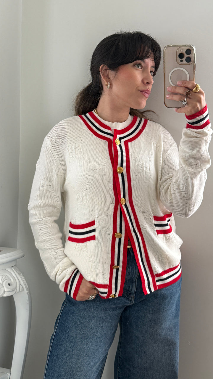 Gucci White Knit & Red Accent Cardigan Size M