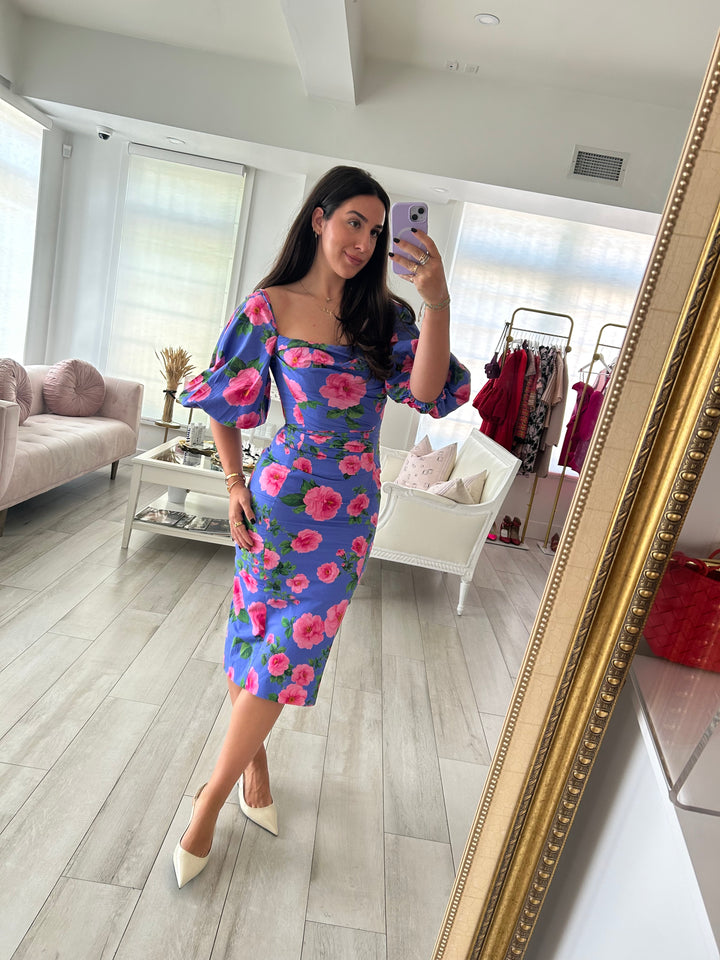 Carolina Herrera Purple & Pink Floral Print Ruched Midi Dress Size 6