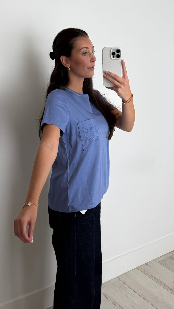 Hermes Blue Cotton Embroidered Motif T-Shirt Size 42