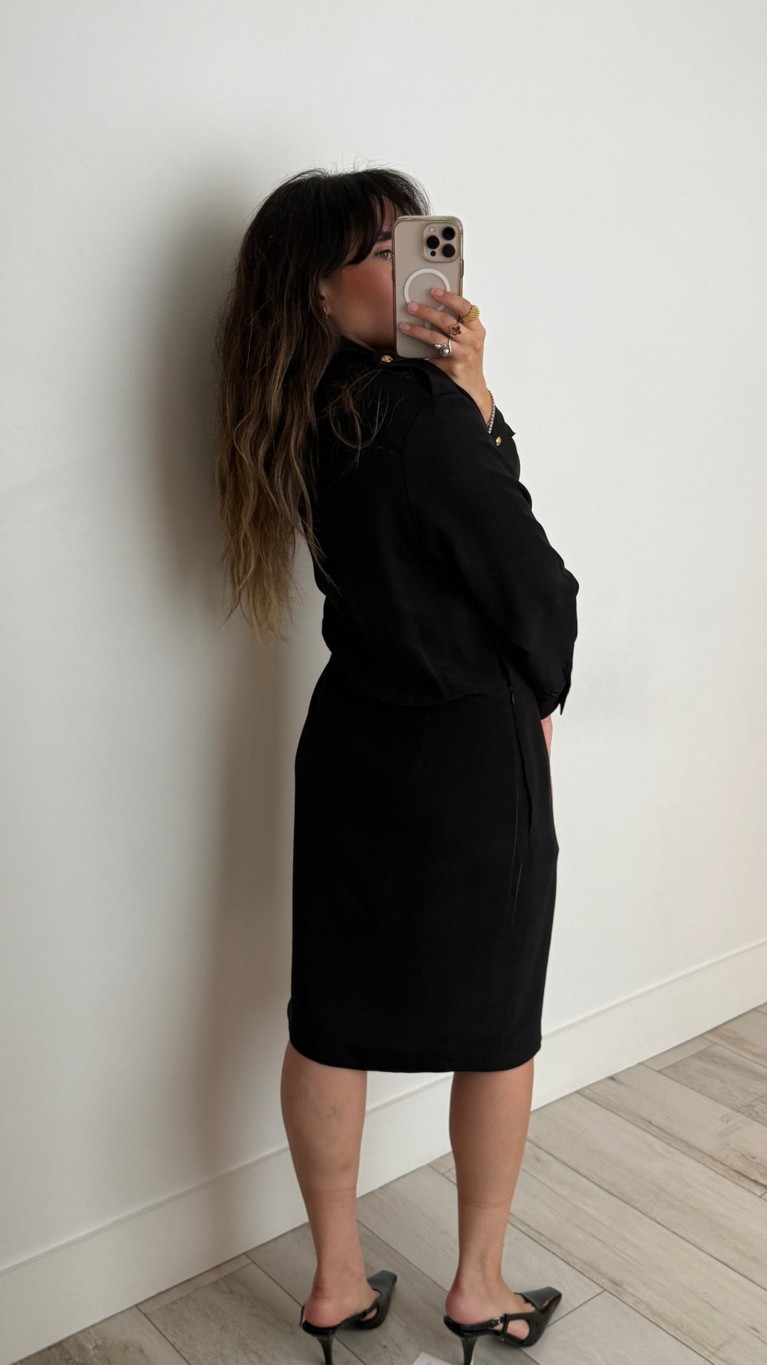 Celine Black Silk Dress with Gold-Tone Buttons Size 38