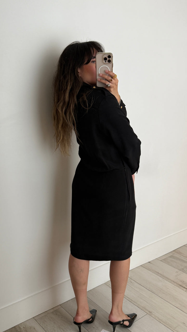 Celine Black Silk Dress with Gold-Tone Buttons Size 38