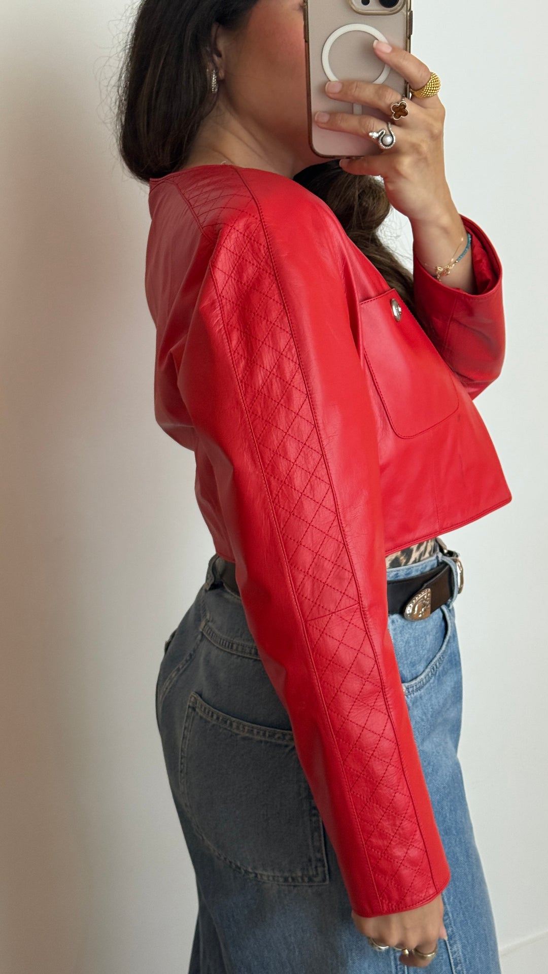 Pre-Loved Chanel™ Red Leather Cropped Jacket with Quilting Detail Size 36