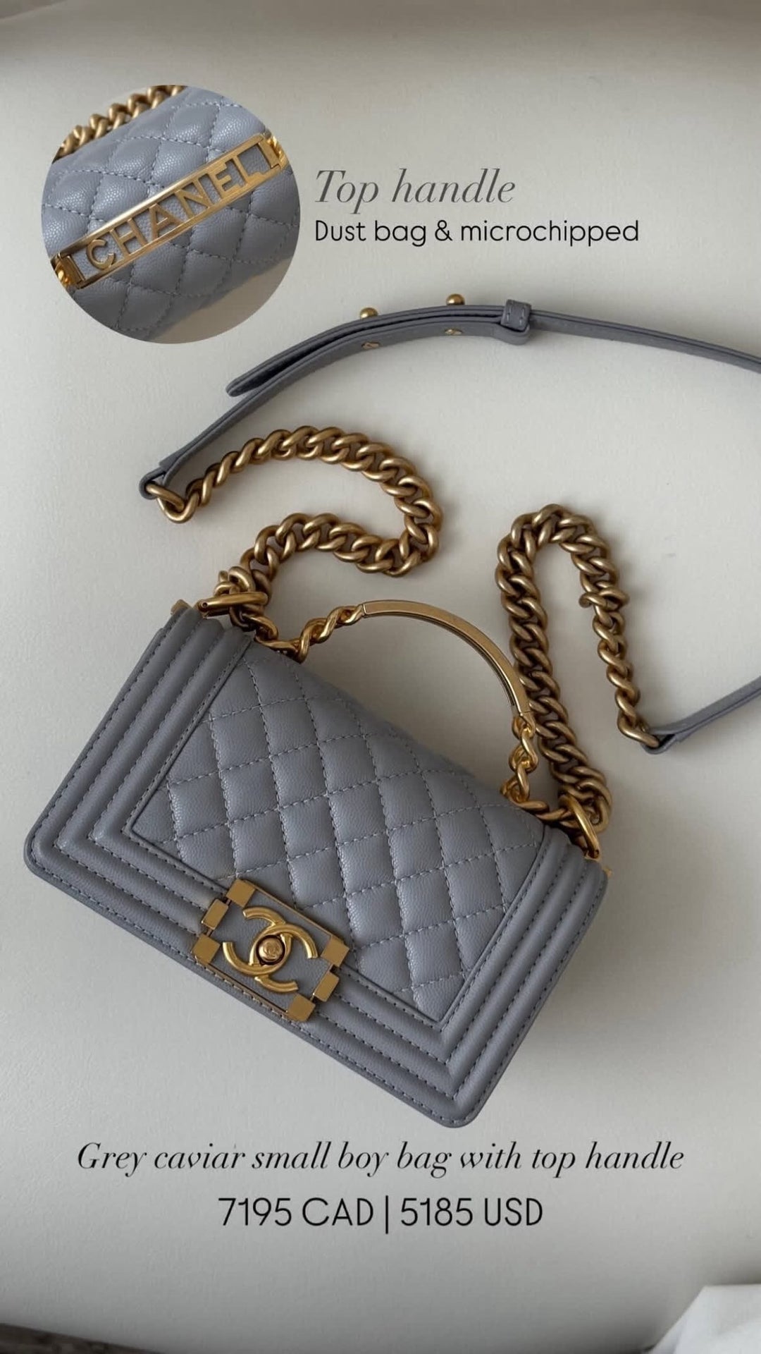 Chanel Grey Small Caviar Grey Boy bag with top handle and gold detail