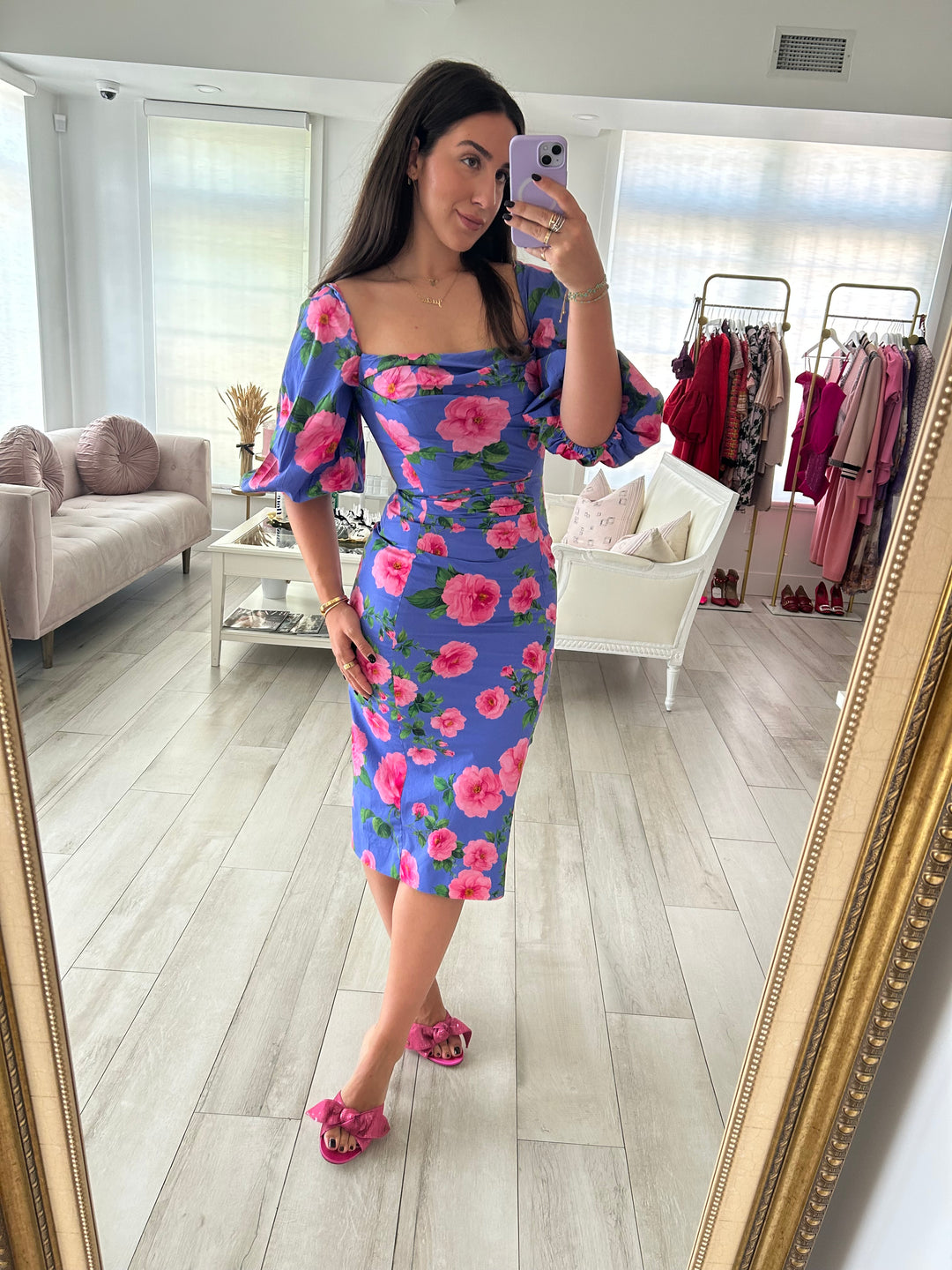 Carolina Herrera Purple & Pink Floral Print Ruched Midi Dress Size 6