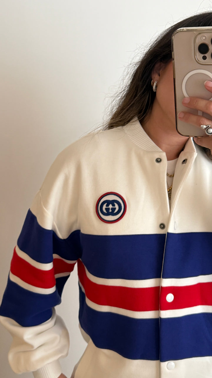 Gucci Red and Blue Stripe Varsity Style Jacket with Snap Buttons Size XXS