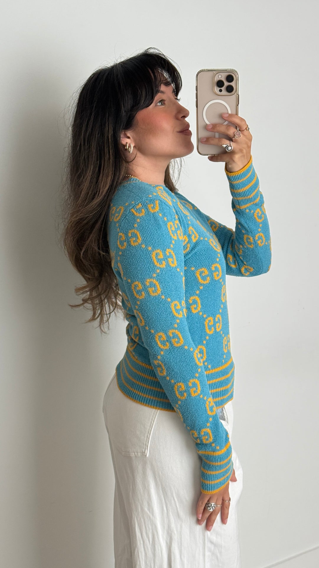 Gucci Cotton Blend Blue Knit Sweater with Yellow Monogram Size XS