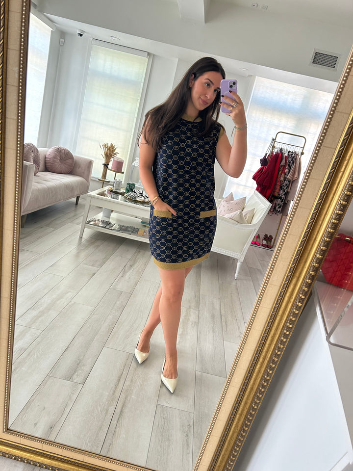 Gucci Navy & Gold Wool Blend Interlocking G Sleeveless Dress Size L