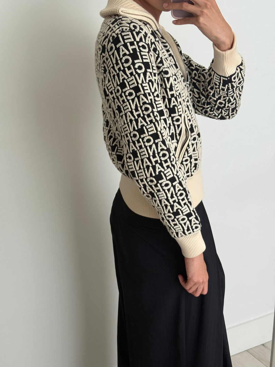Pre-Loved Chanel™ Black and Cream Logo Lettering Knit Jacket Size 38