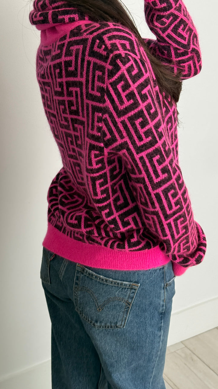 Balmain Pink Wool & Mohair Knit Geometric Turtleneck Sweater Size 36